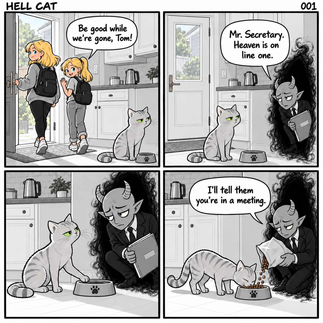 Four-panel Hell Cat comic. Tom is a silver tabby with green eyes; the mostly gray kitchen contrasts with the sisters’ blonde hair. Panel 1: Hailey and her younger sister Mae leave through the kitchen door wearing backpacks. Mae waves. A speech bubble says, ‘Be good while we’re gone, Tom!’ Tom sits beside an empty bowl. Panel 2: A small, tired-looking horned demon in a black suit emerges from a swirling black portal, holding a binder. He tells Tom, ‘Mr. Secretary. Heaven is on line one.’ Panel 3: Tom silently places a paw on the rim of his empty bowl while the demon leans forward. Panel 4: The demon pours kibble as Tom eats, saying, ‘I’ll tell them you’re in a meeting.’ Heaven can move mountains. Apparently, opening a bag of kibble requires a different department.