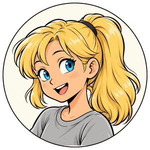 Mae, a cheerful girl with blonde hair in a high ponytail and blue eyes, in a grey T-shirt.